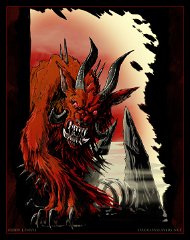 Lesser Demon - Hellbeast  Species:  hell beast  Class: Lesser daemon   Possessed of a bloodthirst that cannot be slaked, the most important thing to remember about hell beasts is to avoid them! Occasionally they find their way to the realms of mortals - usually through being accidentally or purposefully summoned by dark clerics and evil magic users. If their summoner is inexperienced then the beasts can easily wrestle free from any binding spells, tear any living thing in sight to pieces then bound off into the night. It is generally quite easy to find them by following the trail of senseless death - sentient beings preferred - the tricky bit is killing it without becoming another victim first! : daemonslayers, project, oc, original species, creature, tymaera, worldbuilding, hellbeast, monster, demon, daemon, red, cat, feline, animal, savage, standing stones, bones, ribs, death