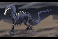 Sepuket  Species:  Sepuket : sepuket, reference, original species, oc, project, tymaera, worldbuilding, creature, undead, skull, face, fur, feral, walking, desert, night, dark