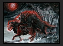 Winter Wolves  Media: Acrylics on A4 mixed media paper late 2015 Species: The Morvarg  The Morvarg. Supernatural wolves of the spirit world: they patrol its shadowy borders, hunting down anything that tries to make it back to the land of the living. They may also act as guards and/or guides to select souls passing through to the afterworlds, which the spirit world is the gateway to. Occasionally they come to the mortal plane to drag away unfortunates whose time is deemed to have come and those who attempt to cheat death. Their bite causes lycanthropy so anyone bitten by one and not dragged off to their realm is doomed to die and rise again as a dire (undead) werewolf. The Morvarg are not truly undead themselves as they were never alive in the first place.  Generally they appear at first glance as large, black wolves with glowing green or red eyes, sometimes with a glowing aura like flames that never burn their host. Very occasionally one may be white. This appearance can change, with their skeleton seeming to show through as a pattern in their fur and, if really riled up, any resemblance to a living creature will vanish and what remains will be a very angry skeleton surrounded by smoke, burning inside with in inner balefire light that sears the soul. They are almost always accompanied by unnatural crows which are an extension of their being, scouting afar for them. : wolves, wolf, dire wolves, morvarg, undead, hunters, black, red, forest, aura, full moon, full body, painting, acrylic, animals, monsters