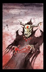 shadowpriest watercolour  Media: Watercolour Species:   N'ir'a'nsha or 'Shadow Priests'  Class: Greater Daemon Appears in: 'Wolf and Raven' Role: Dark clerics. On the mortal plane they take the roles of cardinals and up in the priesthoods of the dark gods.  N'ir'a'nsha are a race of daemons dedicated to serving the dark gods. On rare occassions they will also work with the more powerful of the Daemon Princes such as Ahriman (Izael) but they consider only true deities to be worthy of their devout servitude.  These unwholesome creatures can be found at the rotten heart of almost all of the cults following the dark gods and are sent up from the underworlds to oversee matters on the mortal plane as well as being a kind of 'badge of honour' to show the cult they're taken seriously by their deity. They generally oversee how the organisation is run and perform complex rituals, important sacrifices and torture for information gathering where necessary. They take a particular (and not a little perverse) delight in putting sharp inplements to soft mortal flesh.  Surprisingly they are almost dainty in their mannerims and bearing, ever delicate and meticulous in whatever tasks they undertake. They smell strongly of rot and so often adorn their long, horizontally growing horns with miniature insense bearing censors along with little bells the tinkling of which they find pleasing. If their horns grow too long they have trouble getting through doors.  Despite the above, shadow priests should be taken very seriously. They posses fearsome magical abilities, granted by the powers they serve and can easily summon lesser daemons from their home plane of existance (greater daemons generally require some kind of ritual to be brought up).  Shadow Priests are dreadful creatures to behold, thier emaciated bodies covered in what at first appear as twitching open sores. On close insepction these turn out to be eyes and mouths in all sorts of places where they shouldn't be on any wholesome creatures. Thankfully they generally choose to cover themselves in long dark ceremonial robes however even when covered these extra mouths constantly whisper the name and praises of whatever dark god a parituclar N'ir'a'nsha might serve in a chorus maddening to any observer. On the mortal plane they rarely stray from their shrines and temples unless some kind of pilgramage is called for (in which case they'll generally summon a kuralex to ride). : demon, daemon, monster, original species, daemonslayers, project, oc, shadow priest, evil, dark, skull, undead, magic user, magic, sorcerer